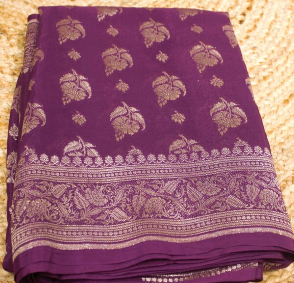 Purple Floral Buttas Pure Crepe Chinon Banaras Saree