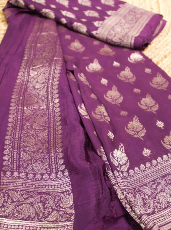 Purple Floral Buttas Pure Crepe Chinon Banaras Saree - Image 2