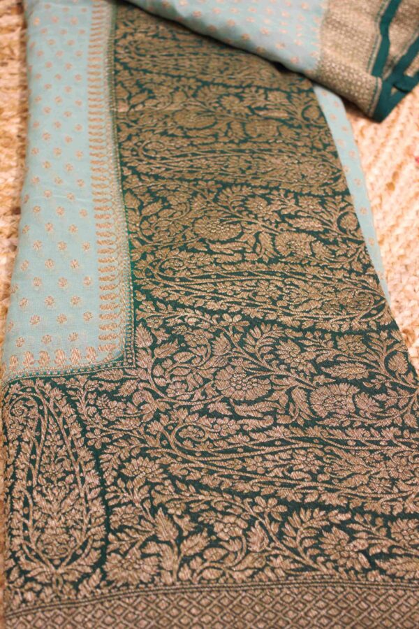 Floral Buttas with Mango Motifs Big Border Pure Khaddi Georgette Saree - Image 3