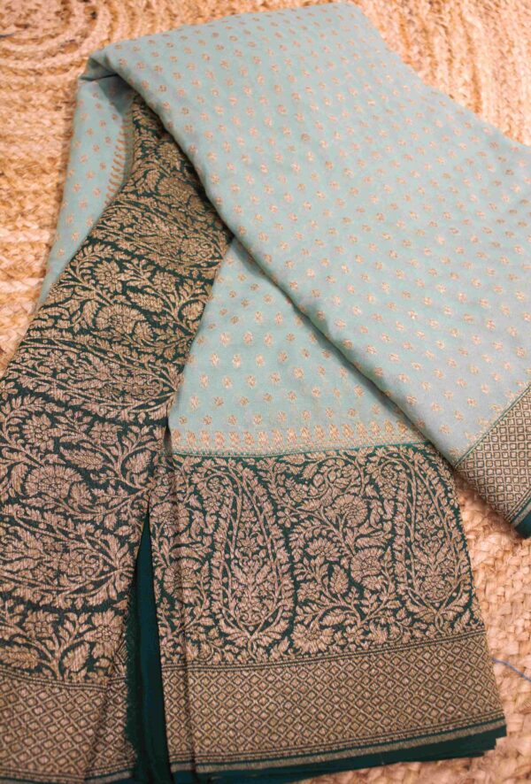 Floral Buttas with Mango Motifs Big Border Pure Khaddi Georgette Saree - Image 4