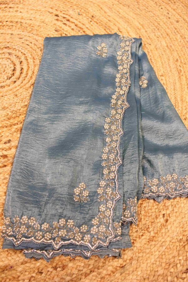 Pearl & Zircon Floral Motif Designer Saree - Image 2