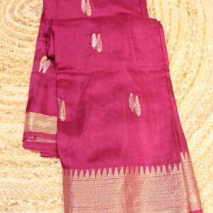 Zari Leaf Motifs with Temple Border Semi Crepe Banaras Saree