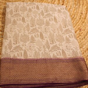 Beige & Purple Jungle Theme Woven Pure Crepe Banaras Saree