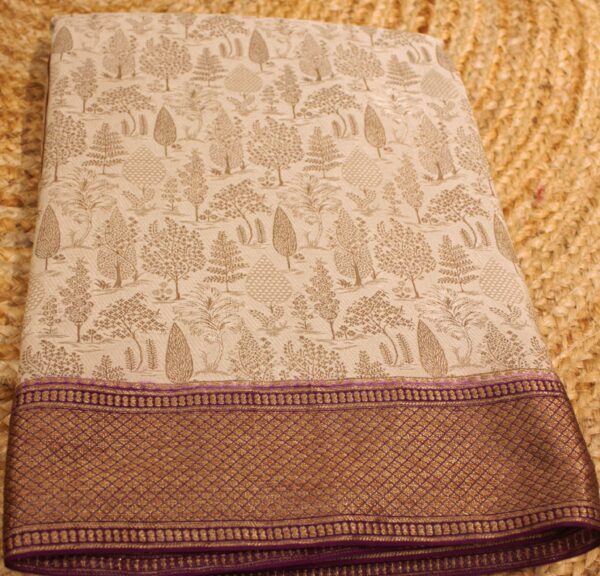 Beige & Purple Jungle Theme Woven Pure Crepe Banaras Saree