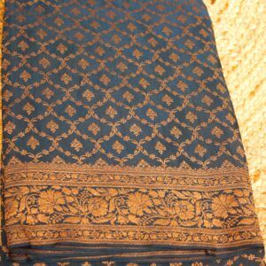 Alternative view of Peacock Blue with Antique Zari Jaal Pure Crepe Banaras Saree