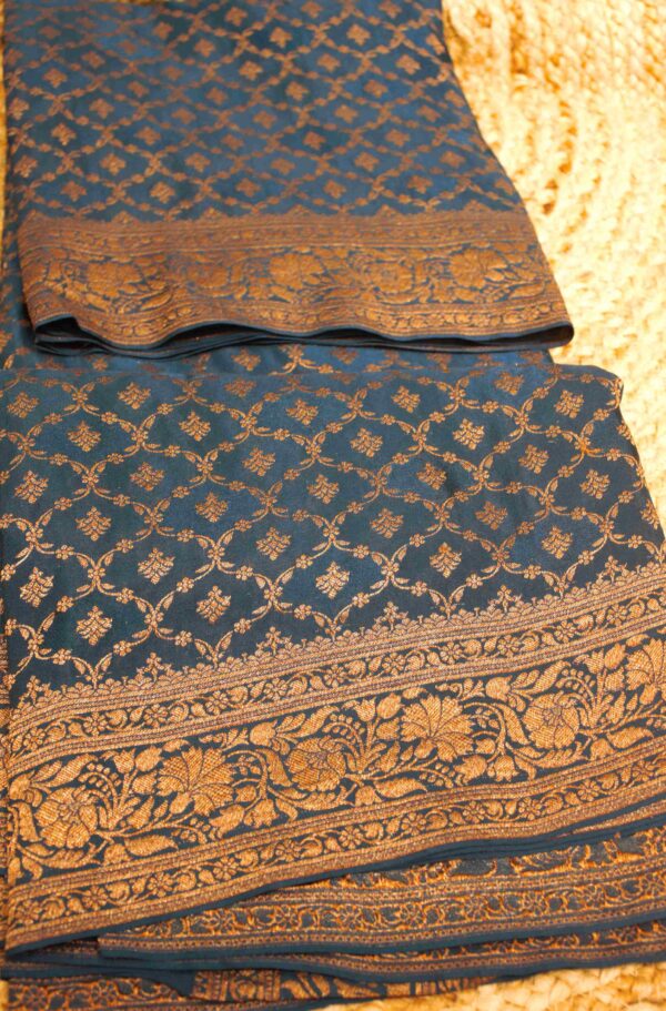 Peacock Blue with Antique Zari Jaal Pure Crepe Banaras Saree