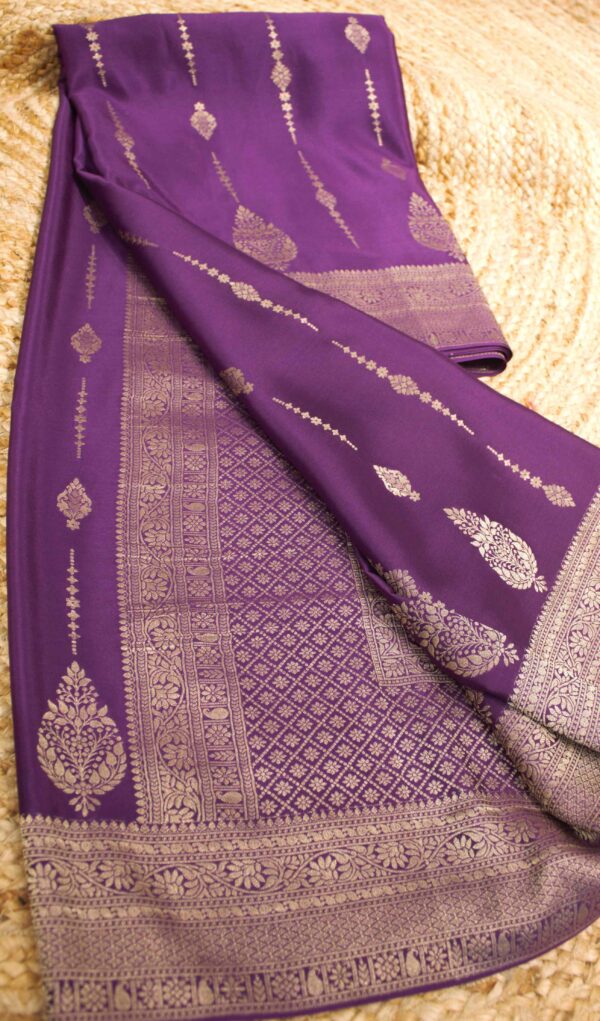 Purple Antique Zari Buttas Pure Crepe Banaras Saree
