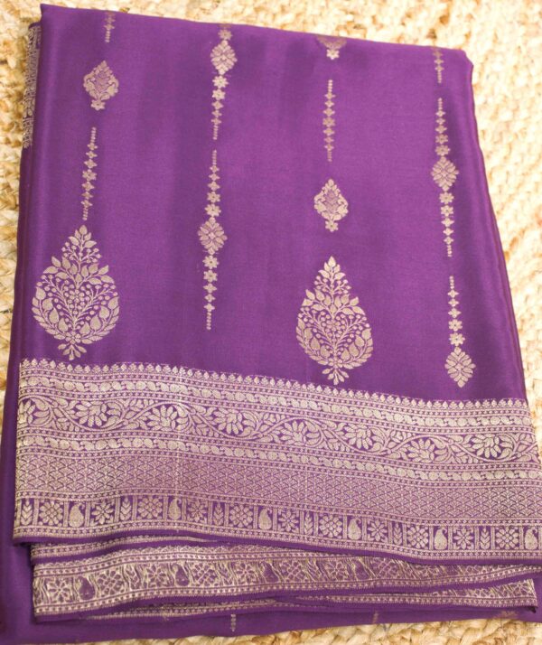 Purple Antique Zari Buttas Pure Crepe Banaras Saree - Image 2