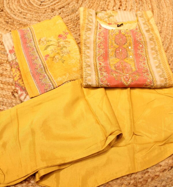 Mustard & Peach Printed with Cut Dana Work Kurta Set - Image 3