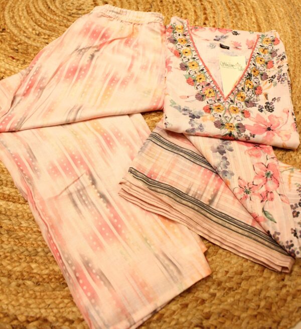 Baby Pink with Multicolor Floral Prints with Embroidery Work Kurta Set - Image 2