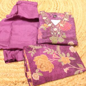 Alternative view of Purple with Floral Prints & Neck Embroidery Kurta Set