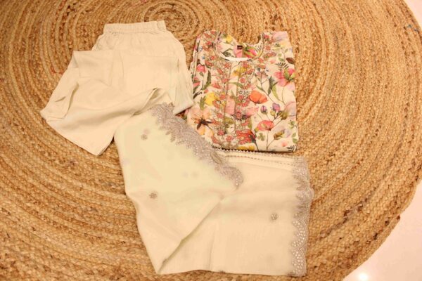 Cream with Multicolor Floral Prints with Neck Embroidery Kurta Set - Image 3