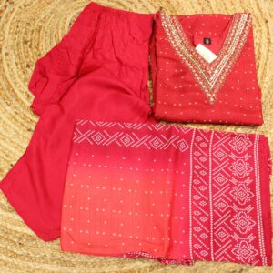 Alternative view of Red Bandhani Prints with Neck Embroidery Kurta Set