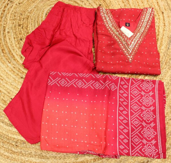 Red Bandhani Prints with Neck Embroidery Kurta Set - Image 2