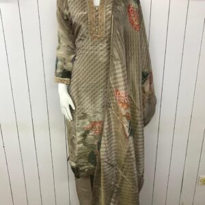Brown with Geometrical Print & Neck Embroidery Work Kurta Set