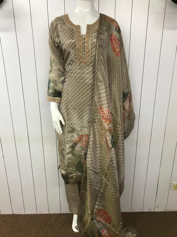 Brown with Geometrical Print & Neck Embroidery Work Kurta Set
