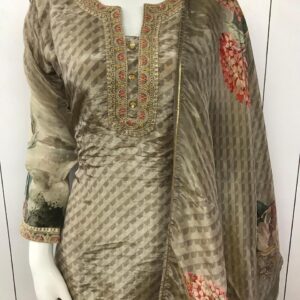Alternative view of Brown with Geometrical Print & Neck Embroidery Work Kurta Set