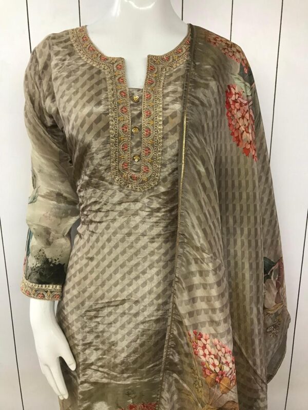 Brown with Geometrical Print & Neck Embroidery Work Kurta Set - Image 2