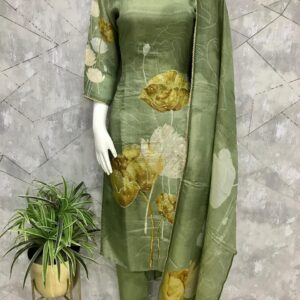 Green & Yellow Floral Print with Beads Work Kurta Set