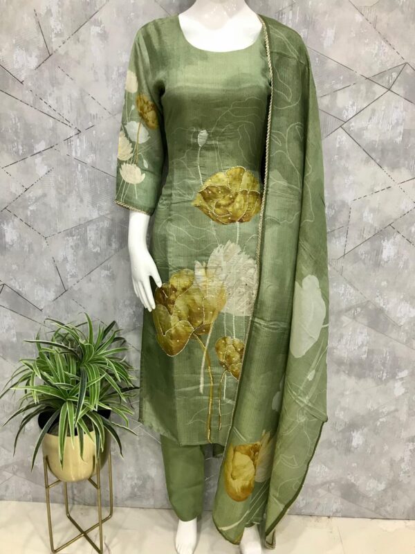 Green & Yellow Floral Print with Beads Work Kurta Set