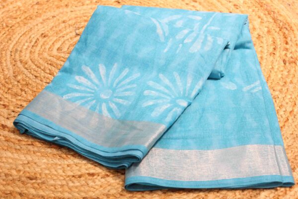 Blue Floral Printed Linen Saree