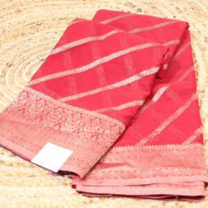 Red Diagonal Stripes Semi Banaras Saree