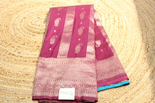 Zari Vertical Buttas and Stripes Semi Crepe Banaras Saree - Image 3