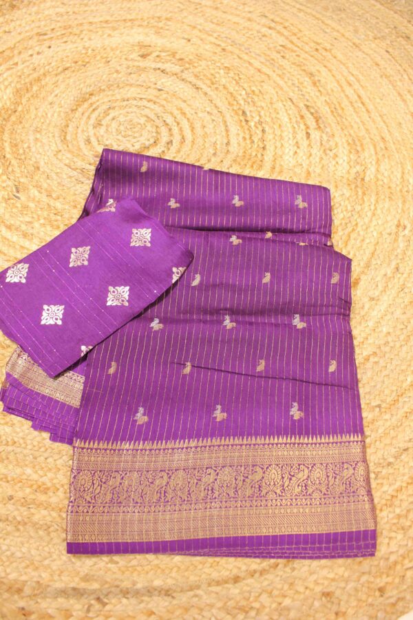 Woven Horizontal Zari Srites and Mango Butta Semi Mysore Silk Saree - Image 3