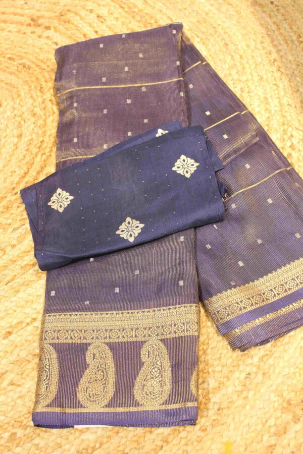 Horizontal Zari Strips with Sqaure Butta Semi Mysore Silk Saree - Image 3