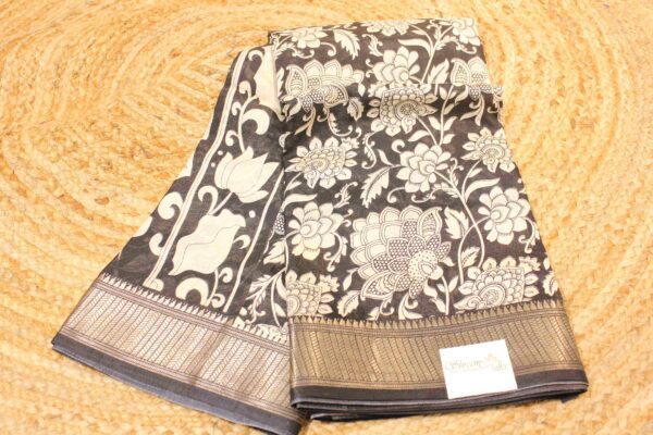 Floral Kalamkari Prints Black and White Fancy Saree