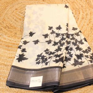Leaf Kalmakari Prints Black and White Fancy Saree