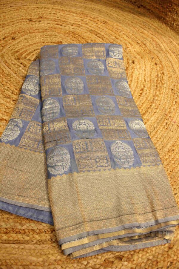 Silver & Gold Zari Woven Square & Mango Buttas Chinnon Saree - Image 2