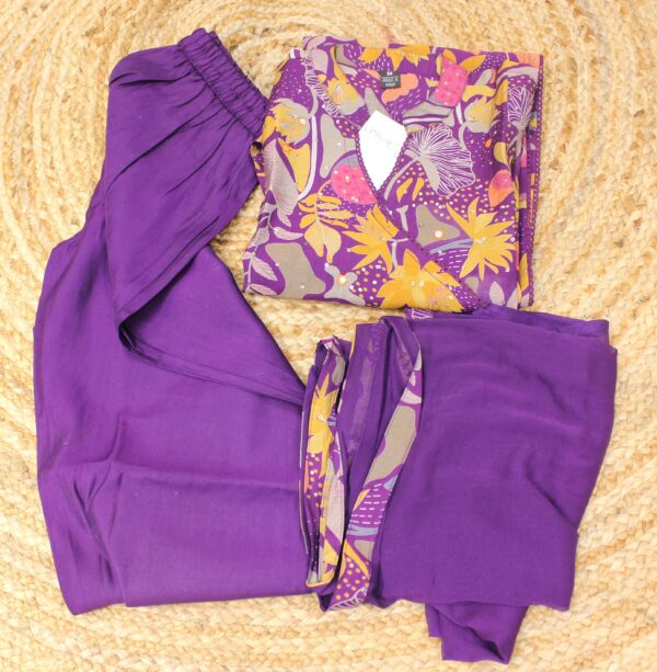 Purple Printed with Sequence Work Angrakha Kurta Set - Image 2