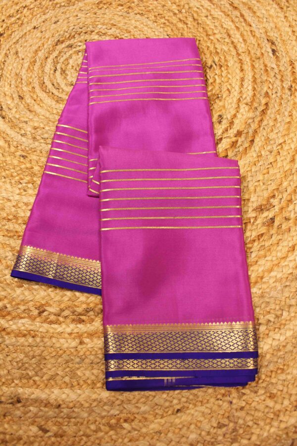 Horizontal Zari Stripes with Small Border Pure Mysore Crepe Saree - Image 3