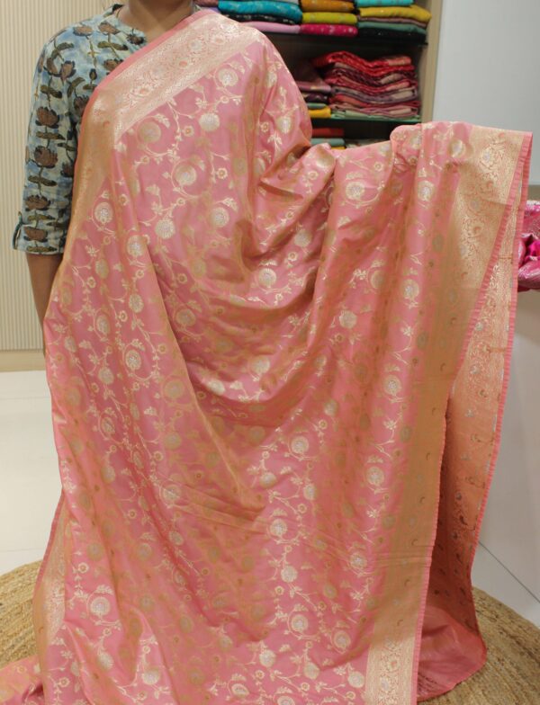 Peach Zari Woven Jaal Semi Katan Banaras Saree - Image 2