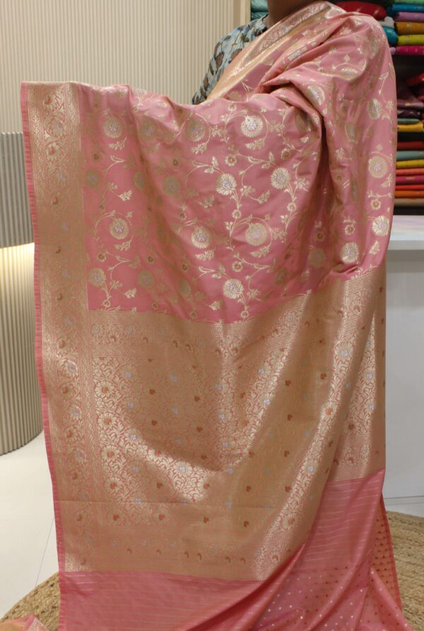Peach Zari Woven Jaal Semi Katan Banaras Saree - Image 3