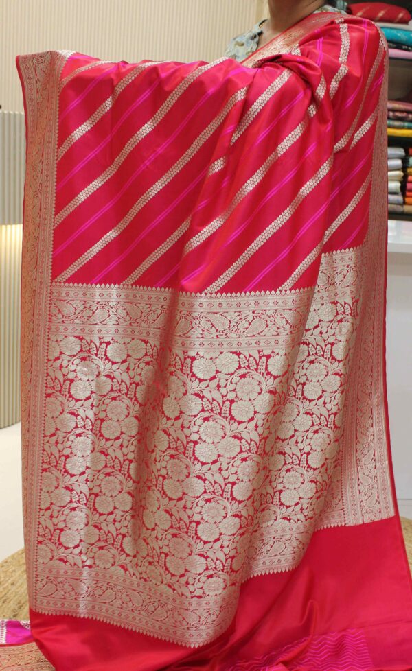 Fuchsia Pink Zari Woven Diagonal Floral Stripes Semi Katan Banaras Saree - Image 4