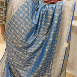 Alternative view of Blue Zari Woven Vertical Floral Stripes Semi Katan Banaras Saree