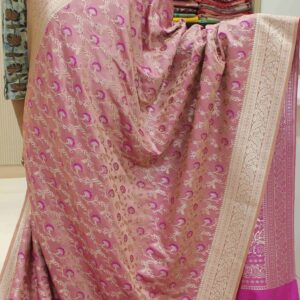 Alternative view of Onion Pink Zari Woven Jaal with Meenakari Semi Katan Banaras Saree