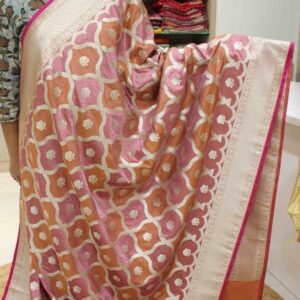 Alternative view of Onion Pink & Orange Rangkat Semi Katan Banaras Saree