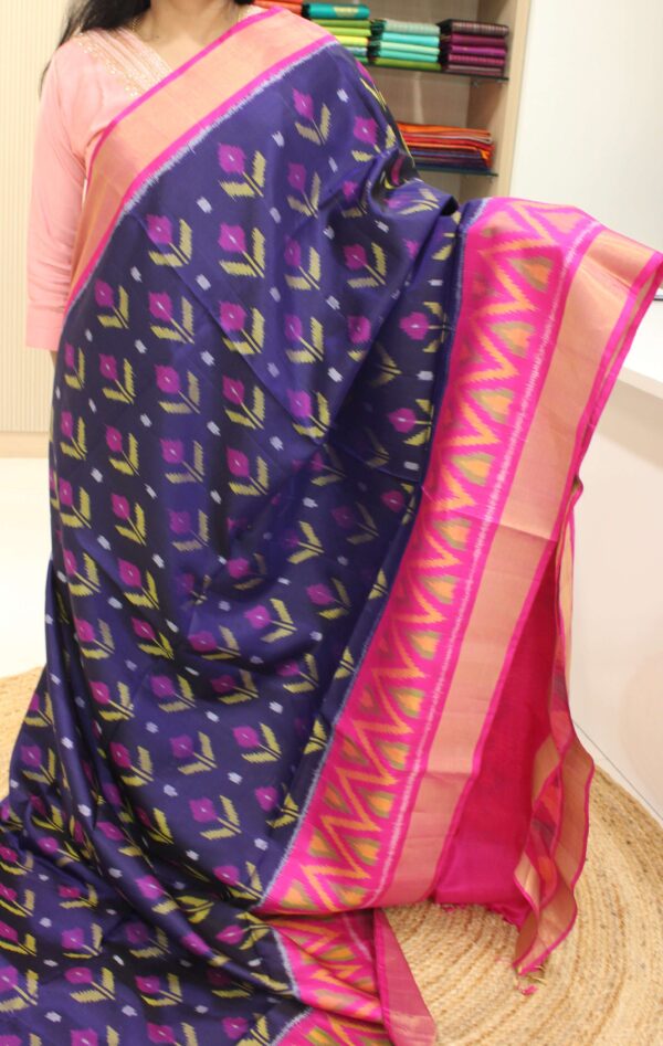 Ikkat Navy Blue & Pink Tissue Border Soft Silk Saree