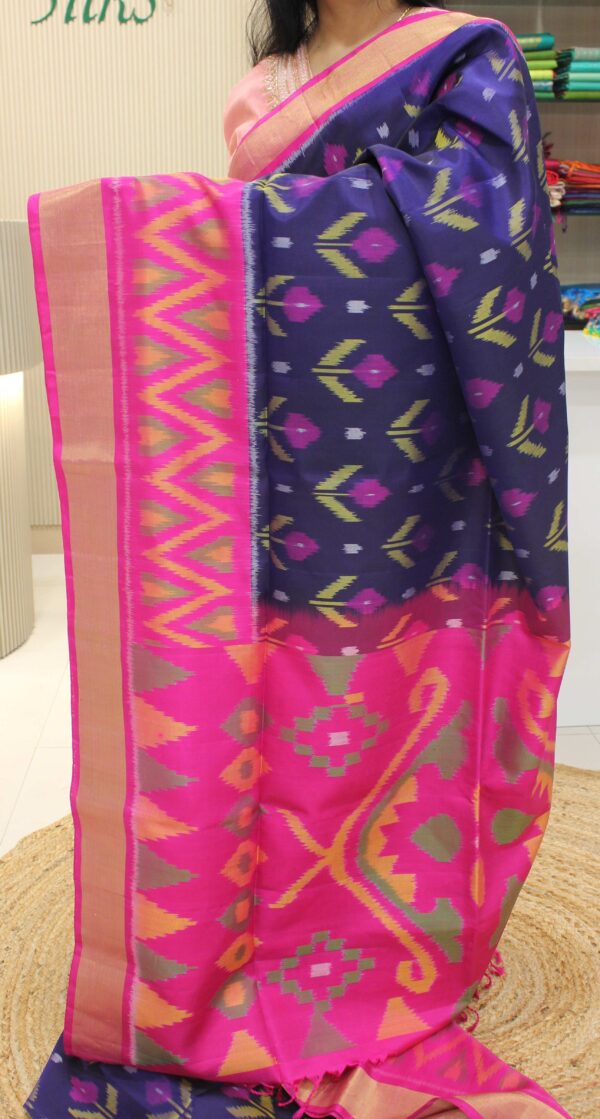 Ikkat Navy Blue & Pink Tissue Border Soft Silk Saree - Image 2