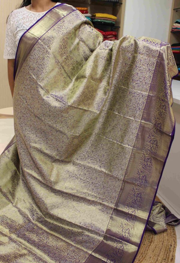 Purple Gold Zari Brocade Tissue Pure Kanchi Silk Saree - Image 2