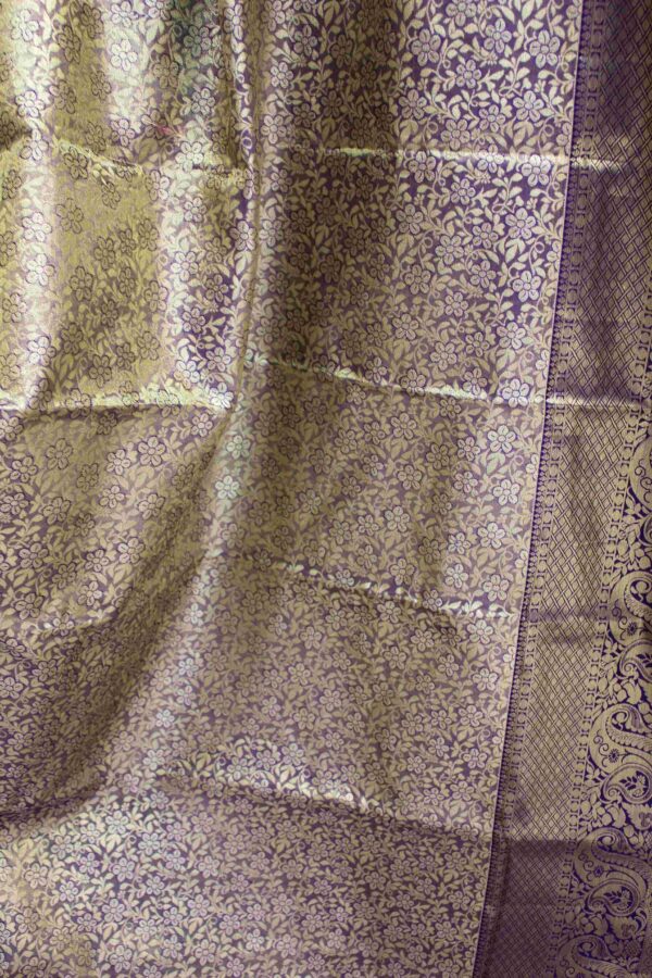 Purple Gold Zari Brocade Tissue Pure Kanchi Silk Saree - Image 5