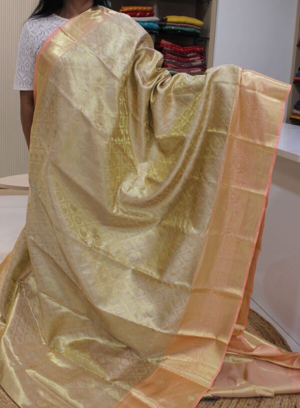 Peach and Baby Pink Gold Zari Brocade Tissue Pure Kanchi Silk Saree - Image 2