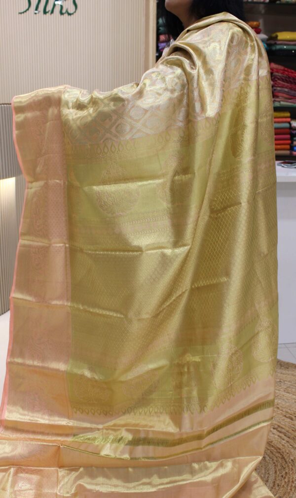 Peach and Baby Pink Gold Zari Brocade Tissue Pure Kanchi Silk Saree - Image 6