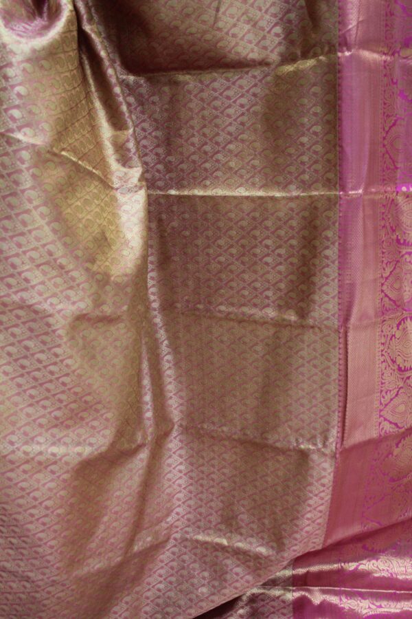 Pink Gold Zari Brocade Tissue Pure Kanchi Silk Saree - Image 5