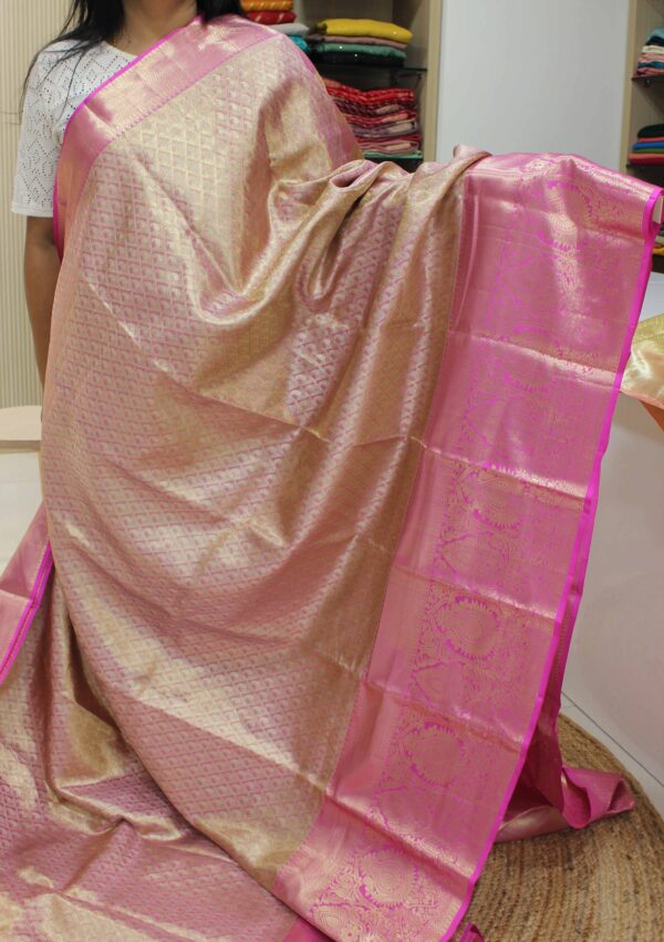 Pink Gold Zari Brocade Tissue Pure Kanchi Silk Saree - Image 2