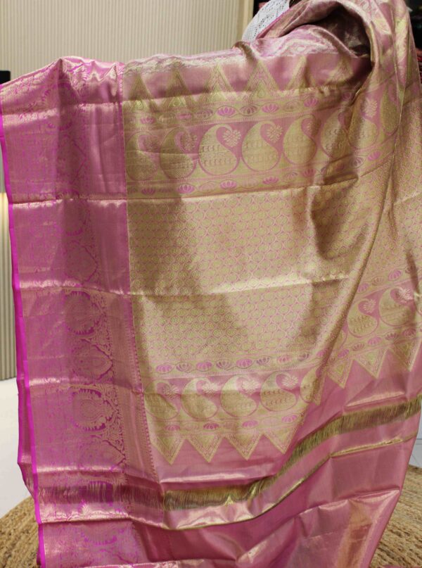Pink Gold Zari Brocade Tissue Pure Kanchi Silk Saree - Image 6