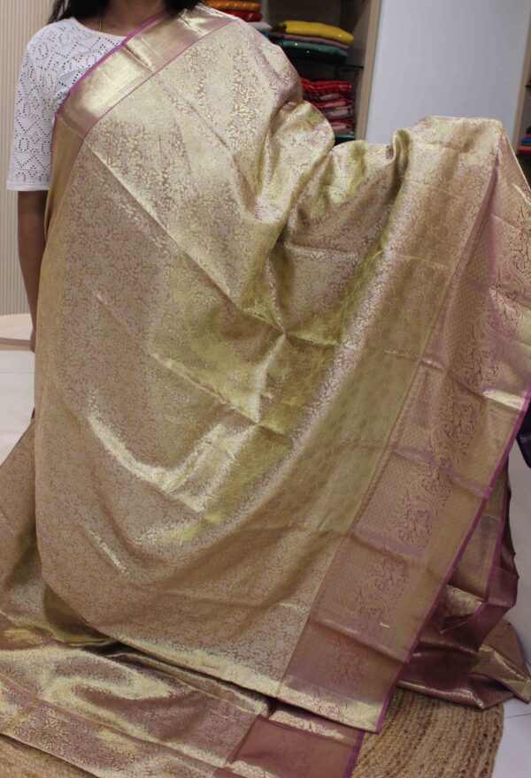 Lavender Gold Zari Brocade Tissue Pure Kanchi Silk Saree - Image 4